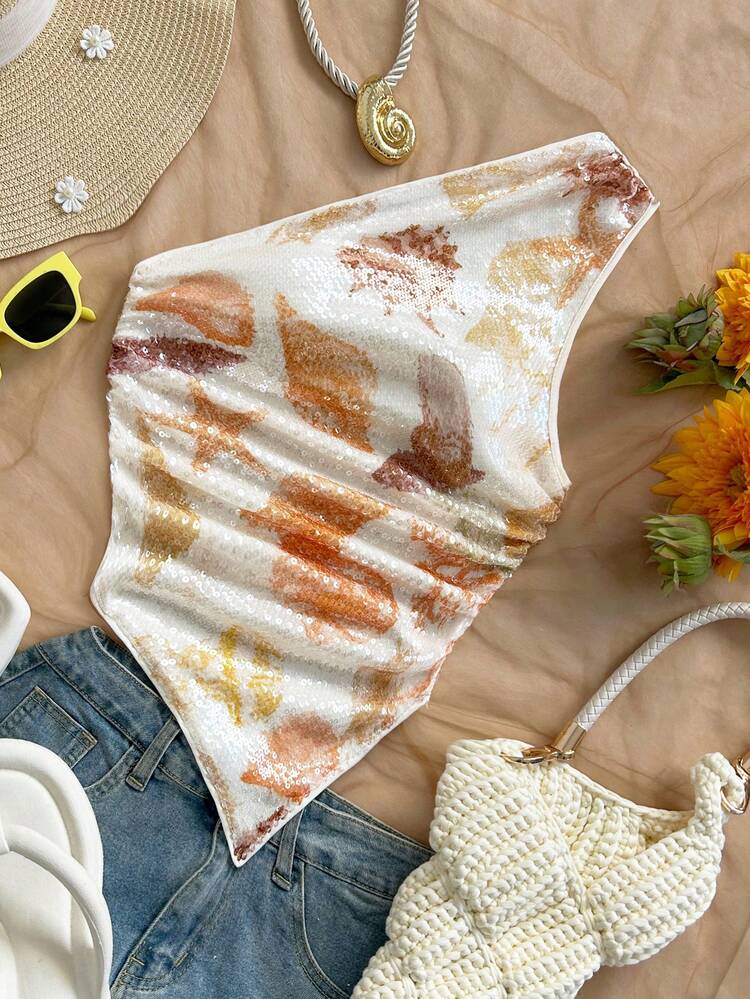 Soleia Women's Asymmetric Hem One Shoulder Sequin Top,White,Summer,Casual,Beach,Holiday,Vacation,Holiday,Elegant Boho Tropical Chic,Wedding Guest,Party,Brown - Multicolor - View 3