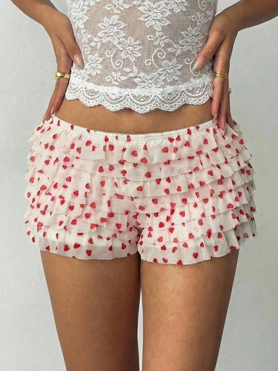 Aloruh Women's New Cake Hem Shorts Romantic Cute Heart Pattern Y2K Style , Valentine's Day , Red And White Heart Print Shorts - Red and White - View 1