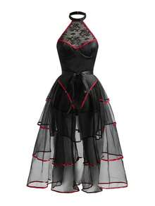 Fantasy Costume 2pcs Set: Lace Patchwork Colorblock Bustier Jumpsuit + Maxi Skirt - Black - View 6