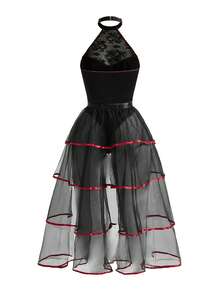 Fantasy Costume 2pcs Set: Lace Patchwork Colorblock Bustier Jumpsuit + Maxi Skirt - Black - View 9
