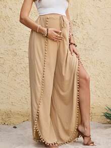 Boho Mama Pantalon ample à jambes larges, style décontracté de vacances pour femmes enceintes, avec garniture de pompons de couleur unie - Kaki - Voir 2