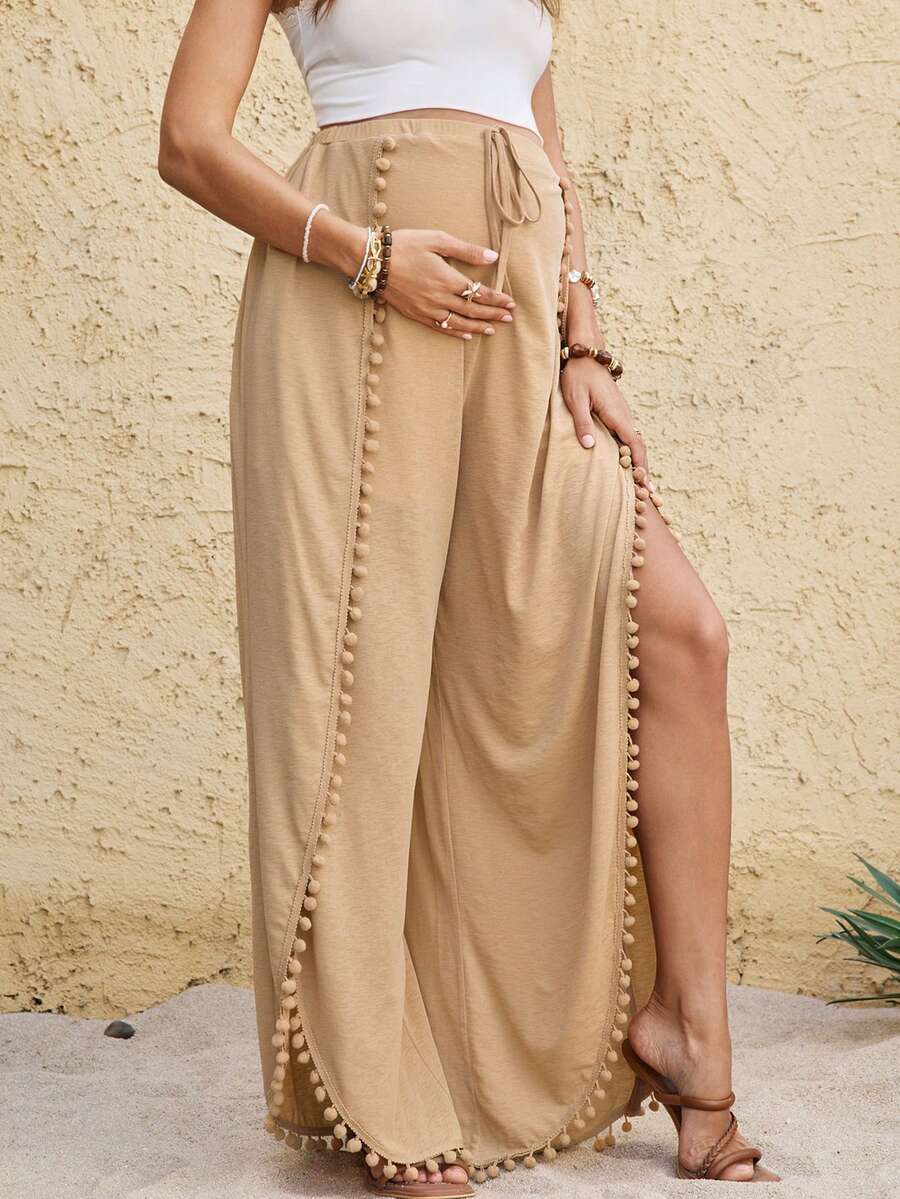 Boho Mama Pantalon ample à jambes larges, style décontracté de vacances pour femmes enceintes, avec garniture de pompons de couleur unie