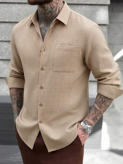 Manfinity CasualCool Men's Solid Color Linen-Like Casual Vintage Embroidered Detail Long Sleeve Shirt, Autumn Mens Casual Dress Shirt Light Brown Shirt Men Tan Men Shirt