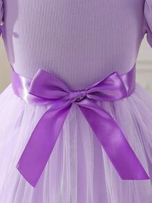 SHEIN Glamorique Kids Young Girl' Elegant Elegant Luxurious Purple Pearl Puff Sleeve Cinched Waist Gorgeous Soft Double-Layer Tulle Purple Butterfly Design Puff Dress Formal Gown Butterfly Embroidery Dress Princess Dress Rumi Hunters Girls Lavender Dresses Kids Party Dress Purple Butterfly Dress - Purple - View 7