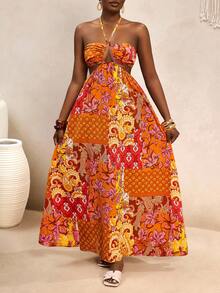 VaVaBold Abito lungo elegante e ampio con design a fiori bohémien, scollo ad aletta incrociato e aperture, stile vacanziero, simile agli abiti di blogger europei e americani, casual per appuntamenti e spiaggia - Multicolore - Visualizzare 5