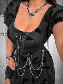 Whyspr Dark Flocked Floral Print Cute A-Line Dress With Puff Sleeves & Sheer Mesh Overlay - Black - View 1