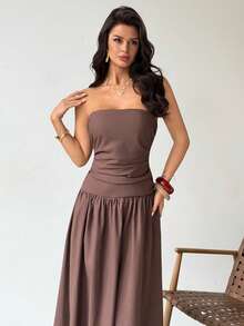 Firerie Đầm trơn màu thường ngày dành cho nữ, mùa hè. - Cà phê nâu - Xem 11