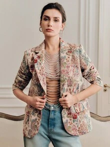 Anewsta Spring French Romantic Jacquard Women Blazer Jacket, Long Sleeve Loose Fit Slimming Commuter Elegant Outfit, Valentine's Day - Multicolor - View 5