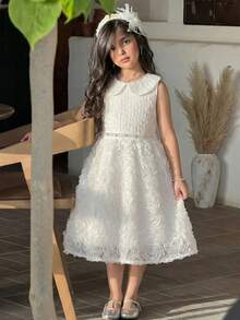 SHEIN Girls' Bowknot Party Dress, Butterfly Fabric Texture, Elegant Flower Girl Bridesmaid Sweet A-Line Dress - White - View 1