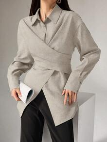 Heiryn 女式纯色长袖休闲交叉衬衫，秋季 - 杏色 - 查看 5