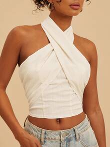 Travachic 女士纯色编织吊带露背吊带衫，春夏款 - 杏色 - 查看 7