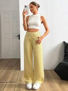 SHEIN Low Waist Casual Style Button Detailed Yellow Rinse Wash Regular Fit Straight Jean - Yellow - View 5