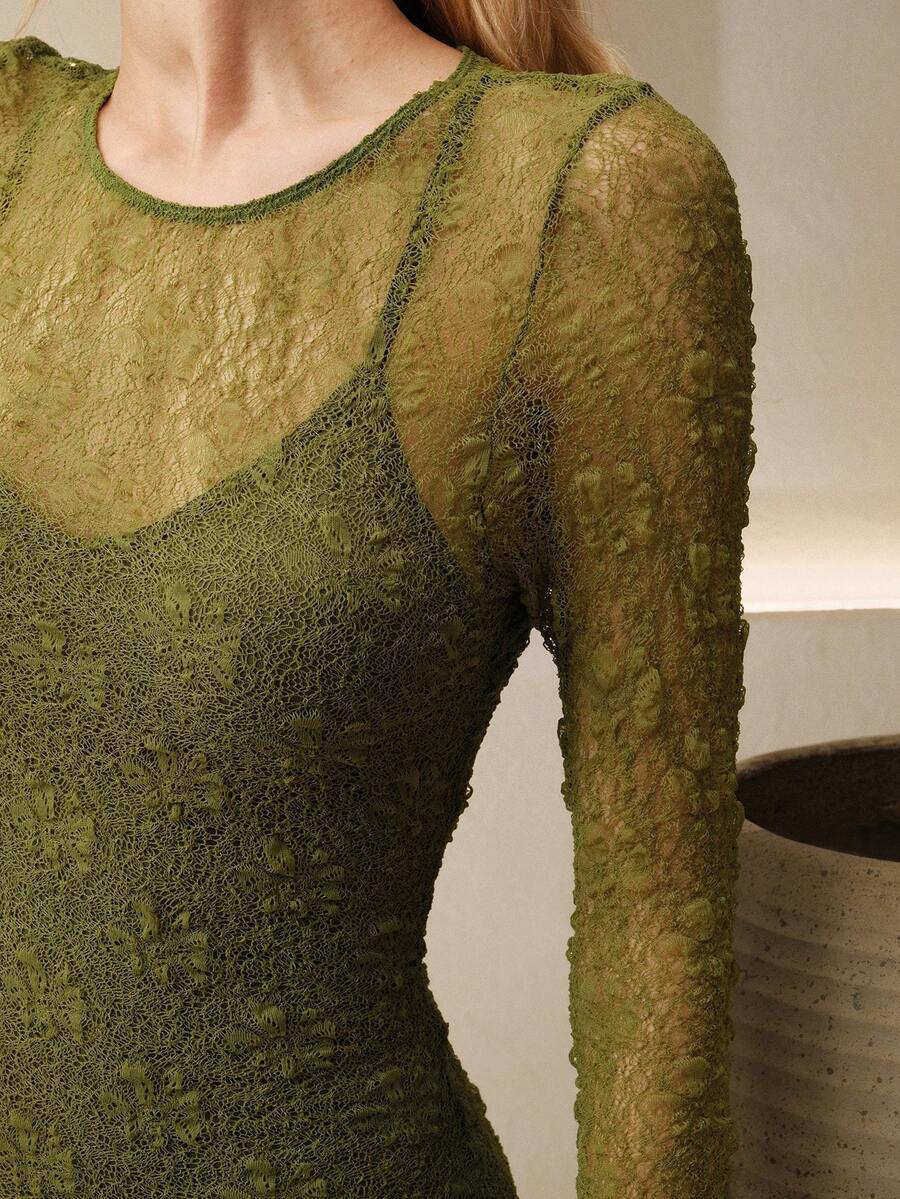 Anewsta Women's Elegant High Stretch Lace Camisole Dress - Green - View 1