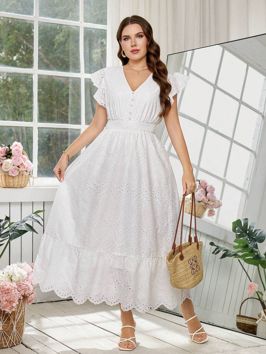 SHEIN Clasi 大码女式刺绣荷叶袖收腰连衣裙 - 白色 - 查看 1