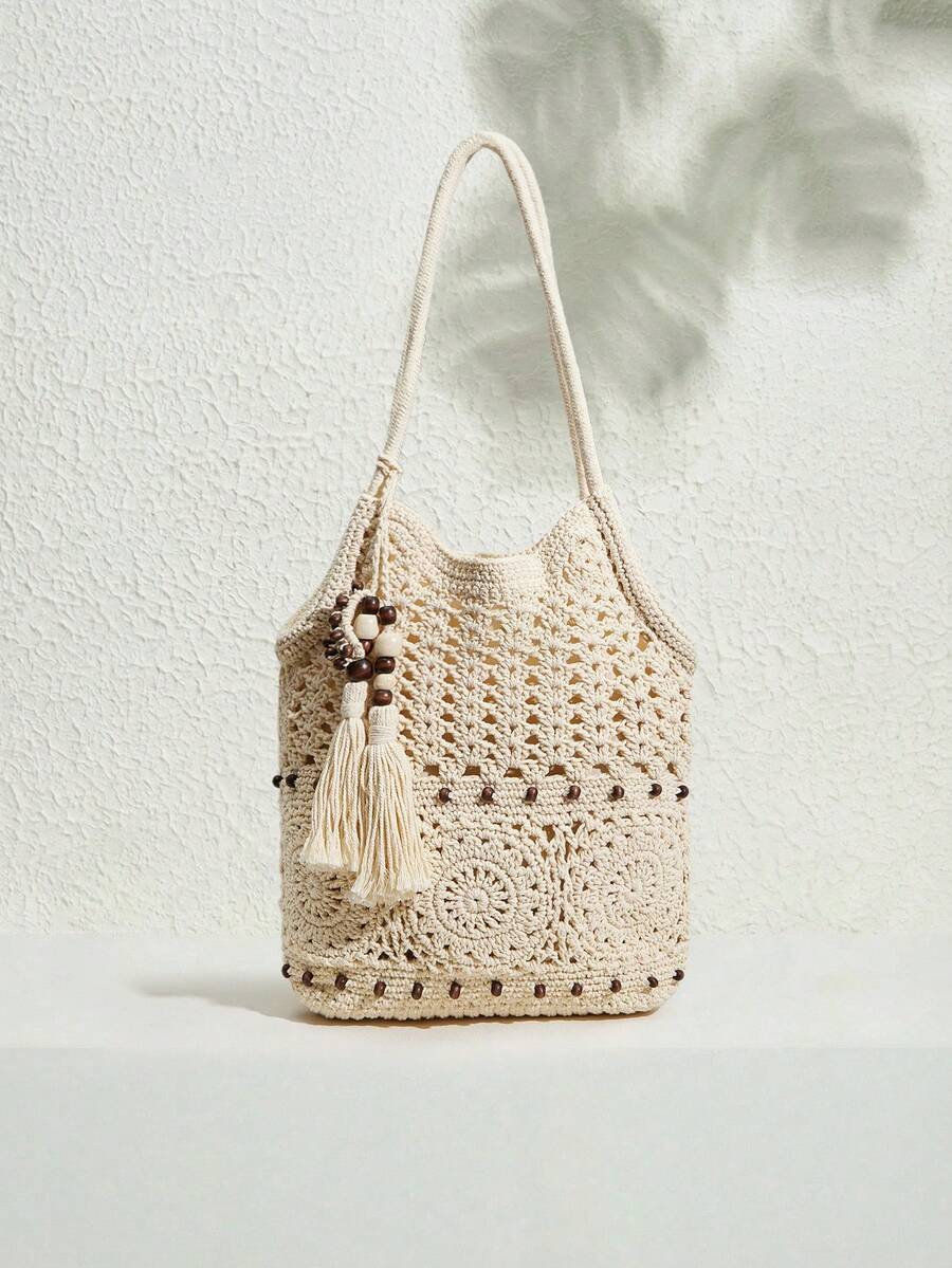 SHECARRY 时尚编织手提包，米色镂空设计 - 米色 - 查看 1