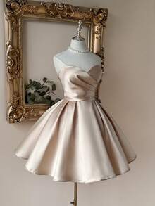 Lovelzi 优雅蓝色无肩带心形领口褶皱前襟奢华3D水钻装饰A字裙摆荷叶边下摆可调节系带晚礼服 - 杏色 - 查看 5