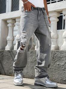 Manfinity EMRG Men's Casual Distressed Embroidered Loose Fit Dark Grey Jeans - Dark Grey - View 3