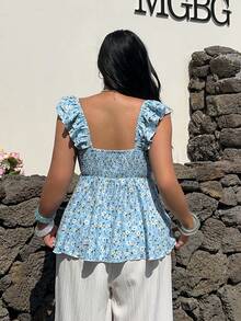Sunnyshic Plus Size Sweet Ditsy Floral Ruffle Collar Petal Sleeve Blouse - Blue - View 2