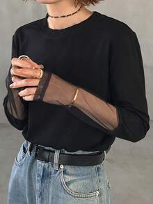 FRIFUL Women's Patchwork Leopard Print Crew Neck Long Sleeve Casual Loose Versatile T-Shirt, Autumn/Winter - Black - View 4