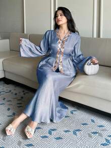 Dazy Plus 大码女式亮片V领装饰长袖上衣和宽松长裙两件套，适合派对和宴会，春秋季穿着 - 藍色 - 查看 4