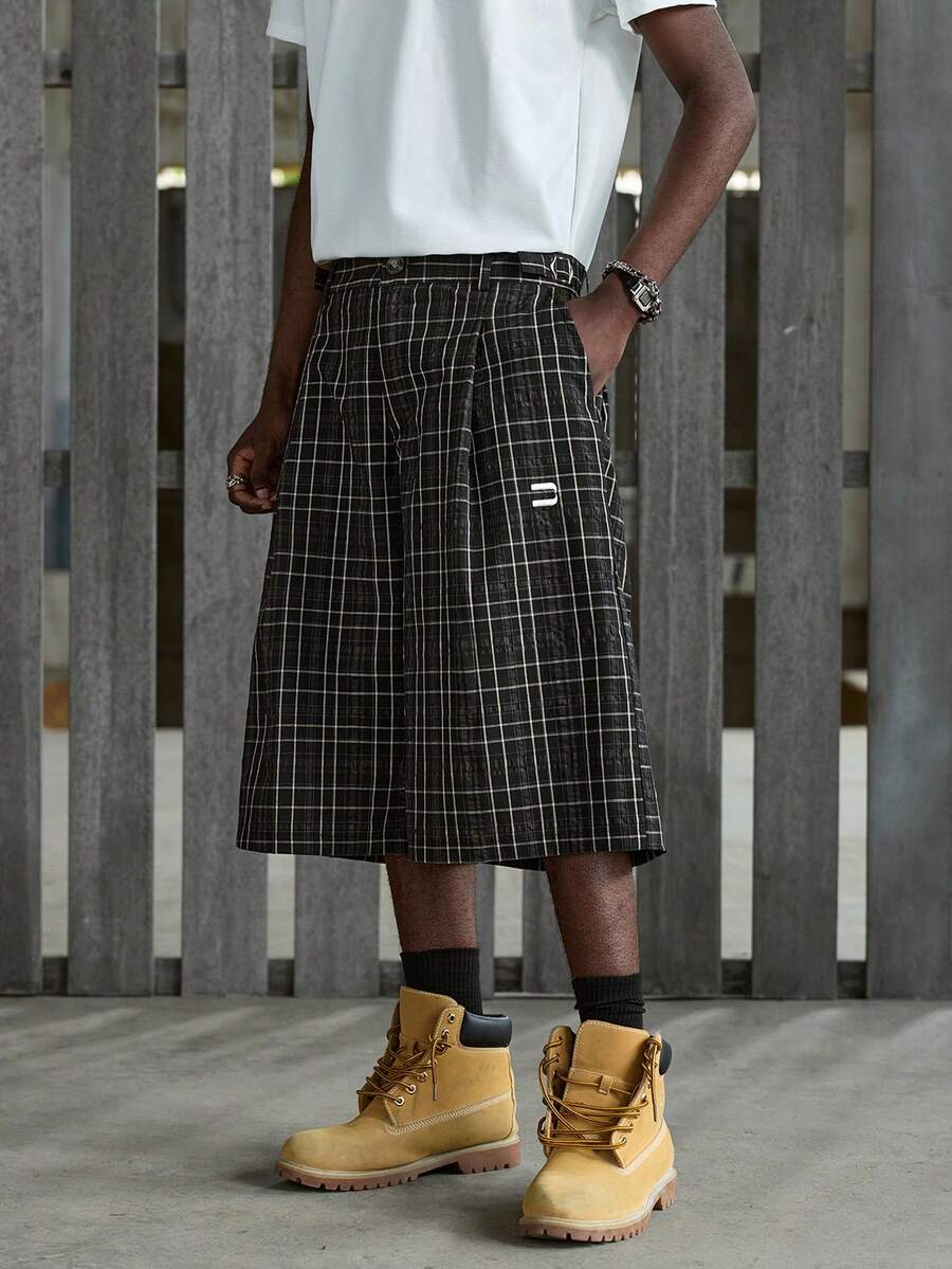 NEON BLANC Men's Button Waist Plaid Wide Leg Knee Length Shorts - Black - View 1