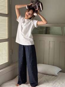 Dazy Kids 少女圆领短袖白色上衣和印花长裤睡衣套装（夏季款） - 藏蓝色 - 查看 2