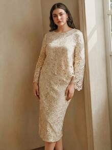 Anewsta Nuevo llegado de principios de primavera Conjunto único y de moda de cubrecuerpo de ganchillo con lentejuelas y falda midi calada, talla grande - Albaricoque - Ver 5