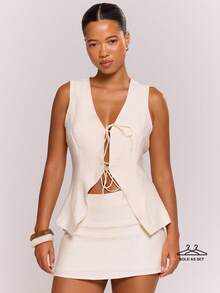 MUSERA Linen Tie Front Waist Coat Top And Mini Skirt Set Date Night Spring Summer Elegant Wedding Guest Vacation Holiday Occasion Going Out Bridal Hen Do Wedding - Light Grey - View 1