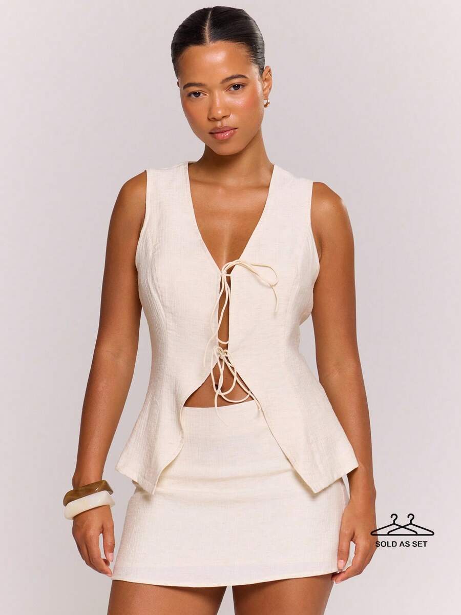 MUSERA Linen Tie Front Waist Coat Top And Mini Skirt Set Date Night Spring Summer Elegant Wedding Guest Vacation Holiday Occasion Going Out Bridal Hen Do Wedding - Light Grey - View 1