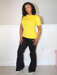 Steph T 女式修身休闲十字印花短袖 T 恤，夏季时尚上衣图案 T 恤女式上衣 - 黃色 - 查看 6