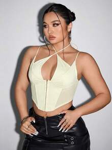 SHEIN ICON 黑色钩扣网眼拼接露脐吊带背心式紧身胸衣 - 杏色 - 查看 1