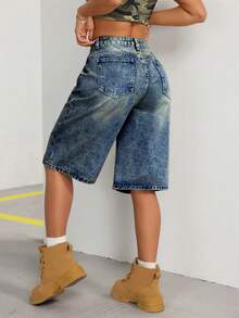 Jeanoix Vintage Washed Wide Leg Denim Shorts, Casual For Spring/Summer - Dark Wash - View 2