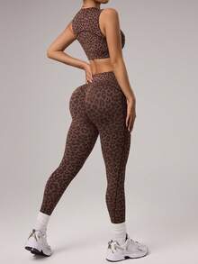 Dewbera Bộ đồ thể thao 2 món dành cho nữ, gồm áo không tay và quần legging lửng, họa tiết da báo, ôm sát, thích hợp cho chạy bộ, tập thể dục, yoga và khiêu vũ. - Cà phê nâu - Xem 2