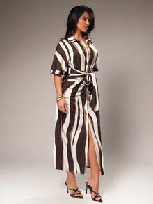 Radiana 棕色抽象条纹腰带优雅休闲衬衫裙，连衣裙，系带连衣裙，衬衫裙，休闲连衣裙，度假连衣裙，适合日常休闲外出、都市生活、通勤、约会、聚会、下午茶、海岛度假、海滩、假日旅行等场合。女士工作服套装，裹身连衣裙，Katseye 女士假日套装。 - 彩色 - 查看 5