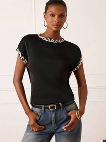 Lilora Women's Black Summer Elegent Smart Office Round Neck Satin Leopard Print Patchwork Blouse,High-End Fashionable Short Sleeve Versatile Tops For Women - Black - View 9