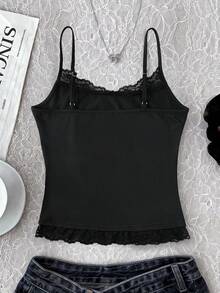 少女休闲日常通勤简约纯黑色蕾丝修身短款吊带背心，夏季度假 - 黑色 - 查看 2