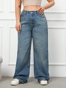 Jeans de pierna ancha con detalles de cinturón de 100% algodón de talla grande - Azul lavado medio - Ver 4