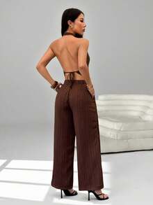 SHEIN PETITE 两件套女士纯色圆领落肩长袖休闲针织纹理套装，棕色，女士冬季毛衣，秋季女装，秋季女装，秋装，冬季套装，休闲女装，棕色套装，女士两件套家居服，舒适两件套，长袖套装，两件套女士舒适棕色优雅套装 - 棕色 - 查看 2