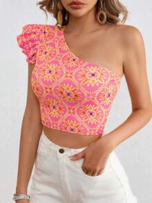 SHEIN VCAY Asymmetrical Shoulder Knit Print Cropped Fitted Top For Women - Pink - View 4