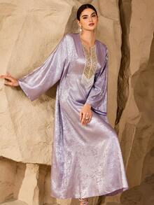 Al Najma Women's Shiny Embroidered Beaded Long Robe, Loose Slimming Banquet Elegant Robe - Purple - View 7
