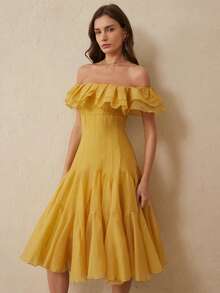 Aveloria Rosie 黄色露肩连衣裙，层叠荷叶边露肩领口，3D立体剪裁多层褶皱设计，浪漫优雅风格，轻盈透气的面料，适合夏季派对、海滩度假和伴娘婚礼，收腰设计，飘逸雪纺面料。主要特点：露肩连衣裙、荷叶边下摆、3D立体剪裁、收腰设计、夏季度假野餐。 - 黃色 - 查看 6