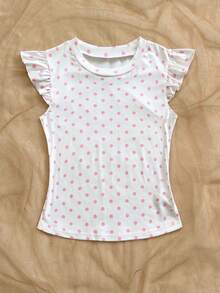 Soleia 女士圆领短袖荷叶边波点休闲夏季T恤 - 粉色 - 查看 3