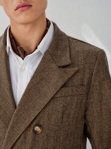 RONVEXI Men's Herringbone Mandarin Collar Double-Breasted Jacket And Pants Business Suit Set - Rust Brown - View 4