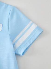 SHEIN Casuvi Kids Ensemble Casuvi pour enfants, printemps/été, filles, 2 pièces : haut tricoté bleu col en V avec imprimé numérique et lettres, assorti à un pantalon à taille élastique avec imprimé lettres, décontracté et confortable pour les sorties, la maison et le port quotidien - Bleu azur - Voir 7