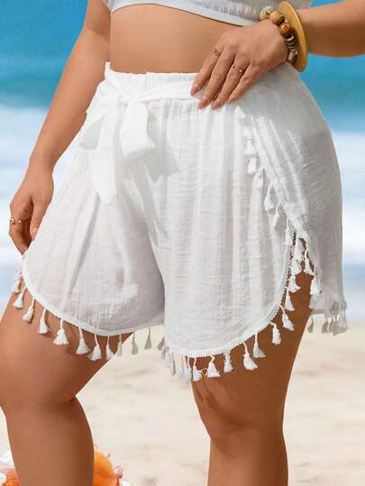 Swim Lushoire Plus Size Women Kaftan Shorts Set With Tassel Tie And Ruffle Hem