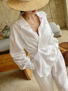 DAZY Relaxed Loose Long Sleeve Shirt And Wide Leg Pants 2 Pieces Set For Women - White - View 9