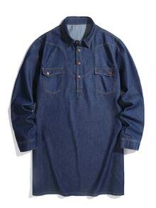 Manfinity Homme Men's Button Half-Placket Long Sleeve Casual Pocket Denim Robe - Blue - View 1