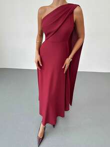 Firerie 女士优雅浪漫精致不对称领褶裥连衣裙，长袖，修身剪裁，红色，女士粉彩色连衣裙 - 酒紅色 - 查看 10