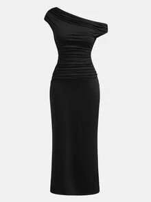 SHEIN 少女黑色针织不对称肩部褶皱腰部简约优雅休闲修身连衣裙，适合情人节穿着 - 黑色 - 查看 3