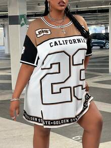 SHEIN CURVE+ Nuevo vestido camiseta de manga larga de cuello redondo, estilo deportivo casual de calle, corte holgado, estampado de logotipo digital 23 en parche marrón y blanco, adecuado para uso diario, citas, festivales de música - Multicolor - Ver 4